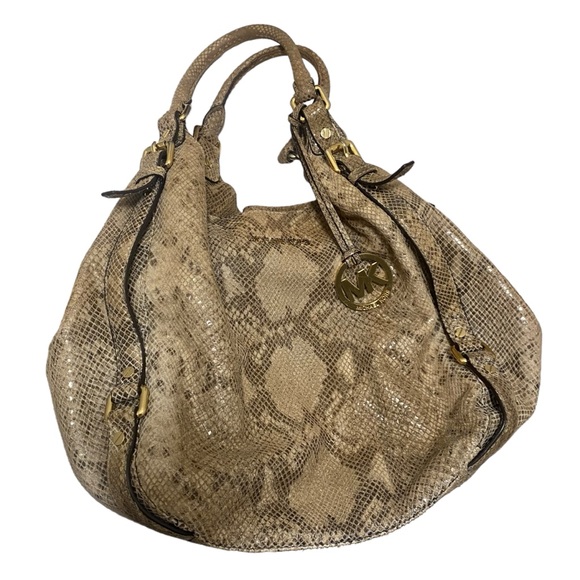 Michael Kors Beige Python Effect Leather and Suede Bedford Hobo Purse Tote Bag - Picture 13 of 16